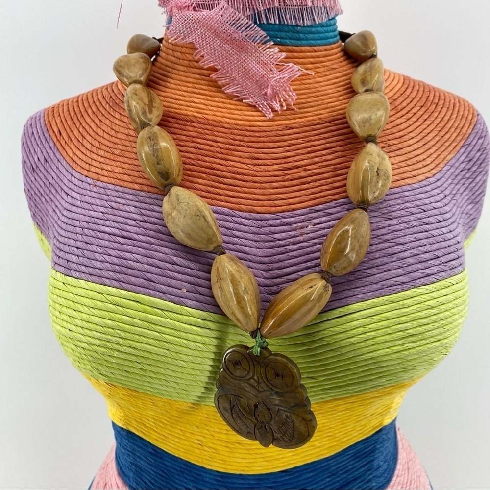 Wood Beaded Necklace Owl Pendant‎